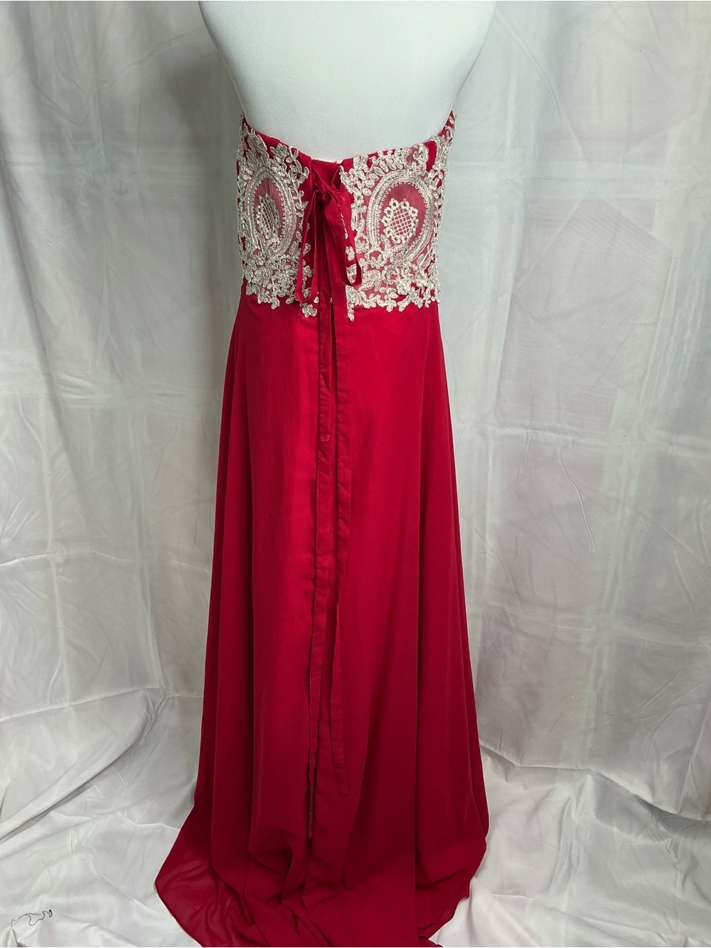 2159 - Elegant Red Evening Gown with Silver Lace Bodice - Picture 7 of 13
